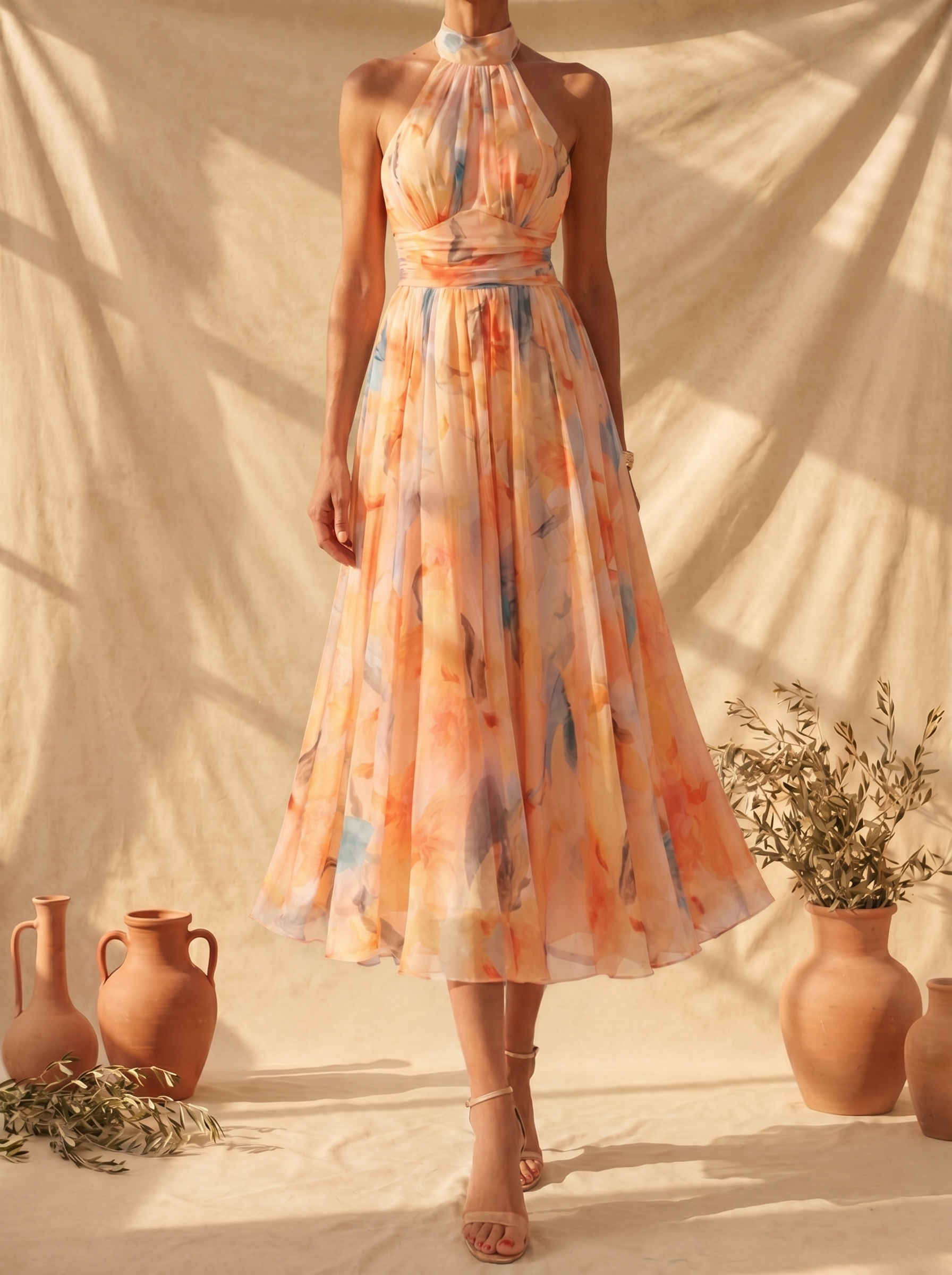Aurora | Vestido con escote halter y estampado de acuarela