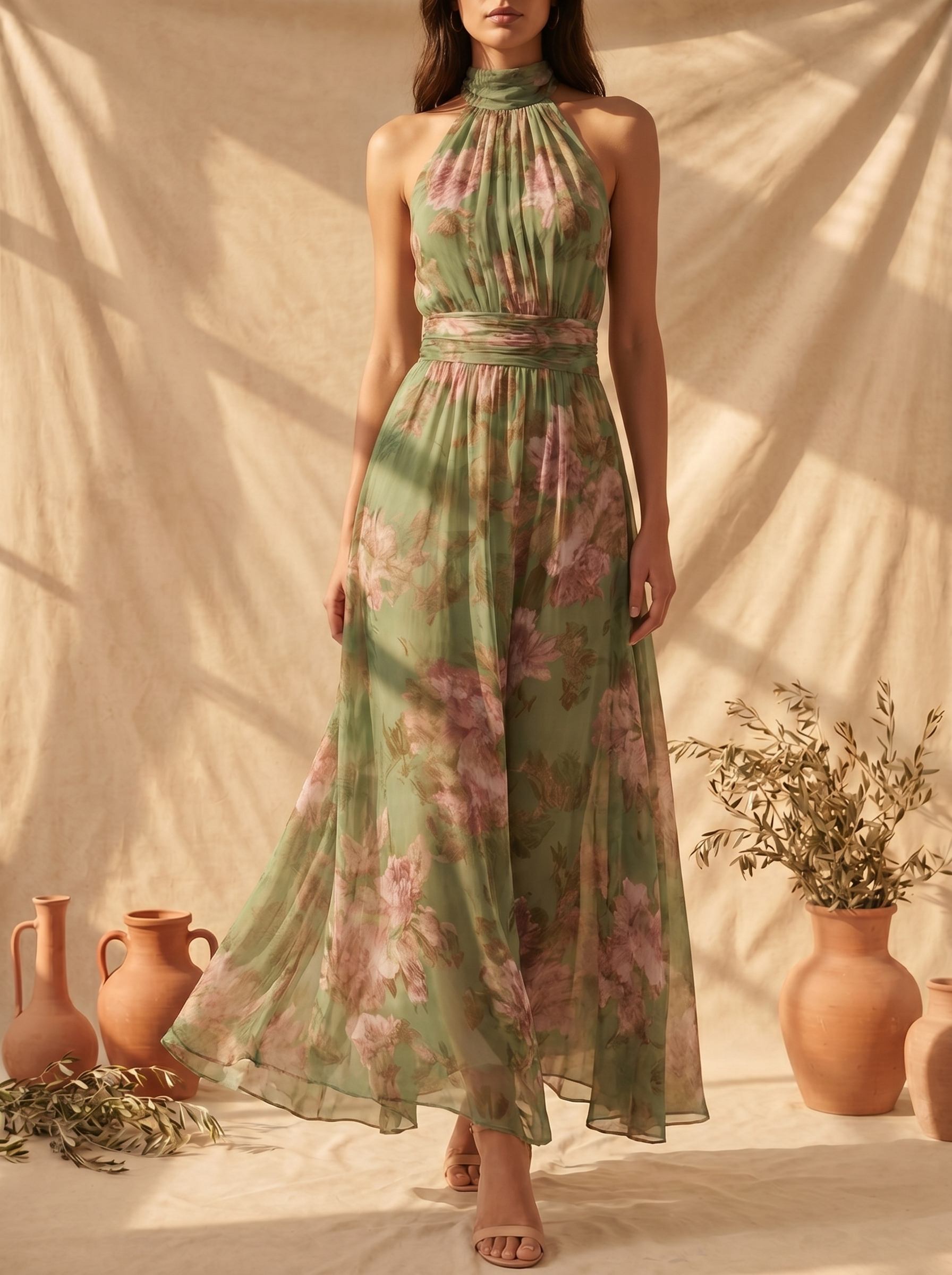 Livia | Elegante vestido largo halter con estampado floral