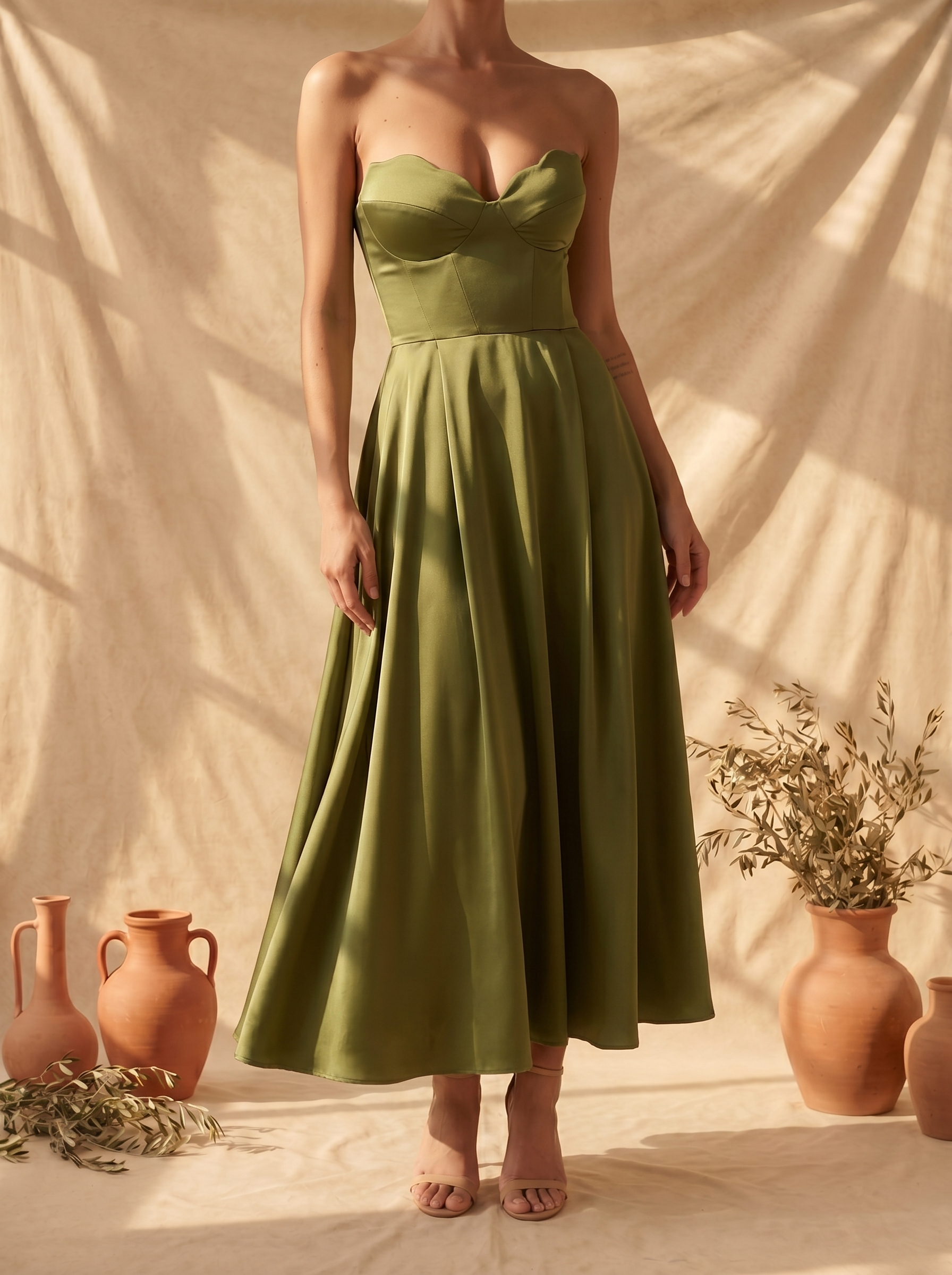 Liora | Elegante vestido midi sin tirantes