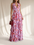 Belladina | Vestido largo romántico con escote halter y cascada de rosas