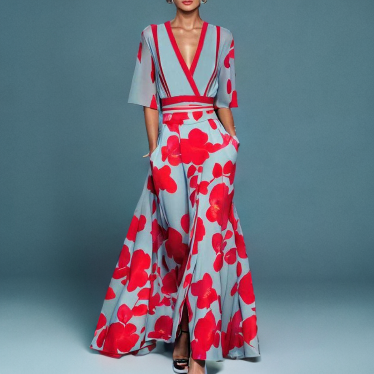 OLGA - VESTIDO FLORES ROJAS Y AZUL CIELO