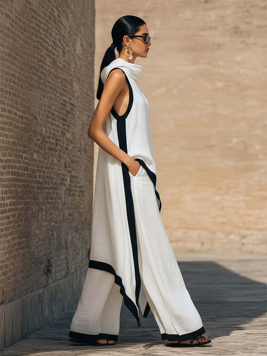 ELEGANTE CONJUNTO DE DOS PIEZAS DE ALGODÓN Y LINO CON CORTE ARTÍSTICO