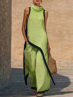 ELEGANTE CONJUNTO DE DOS PIEZAS DE ALGODÓN Y LINO CON CORTE ARTÍSTICO