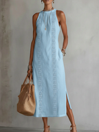Jimena | Vestido midi de lino con cuello mandarín
