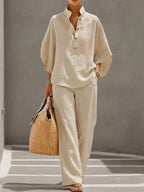 MARIA | CONJUNTO DE LINO CON MANGAS MURCIÉLAGO Y PANTALON ANCHO