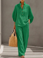 MARIA | CONJUNTO DE LINO CON MANGAS MURCIÉLAGO Y PANTALON ANCHO
