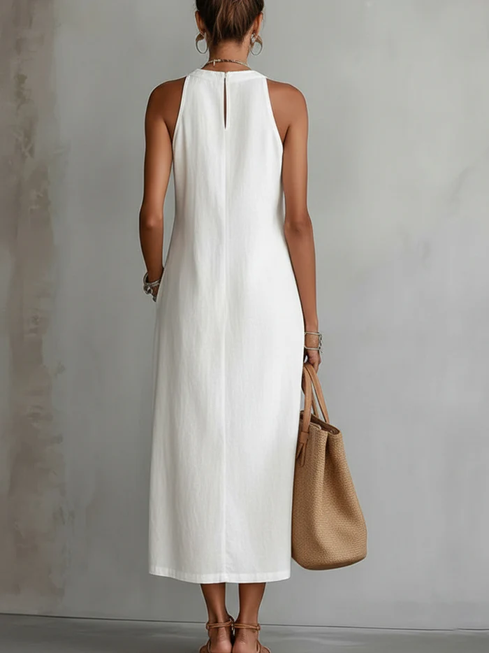 Jimena | Vestido midi de lino con cuello mandarín