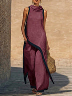 ELEGANTE CONJUNTO DE DOS PIEZAS DE ALGODÓN Y LINO CON CORTE ARTÍSTICO