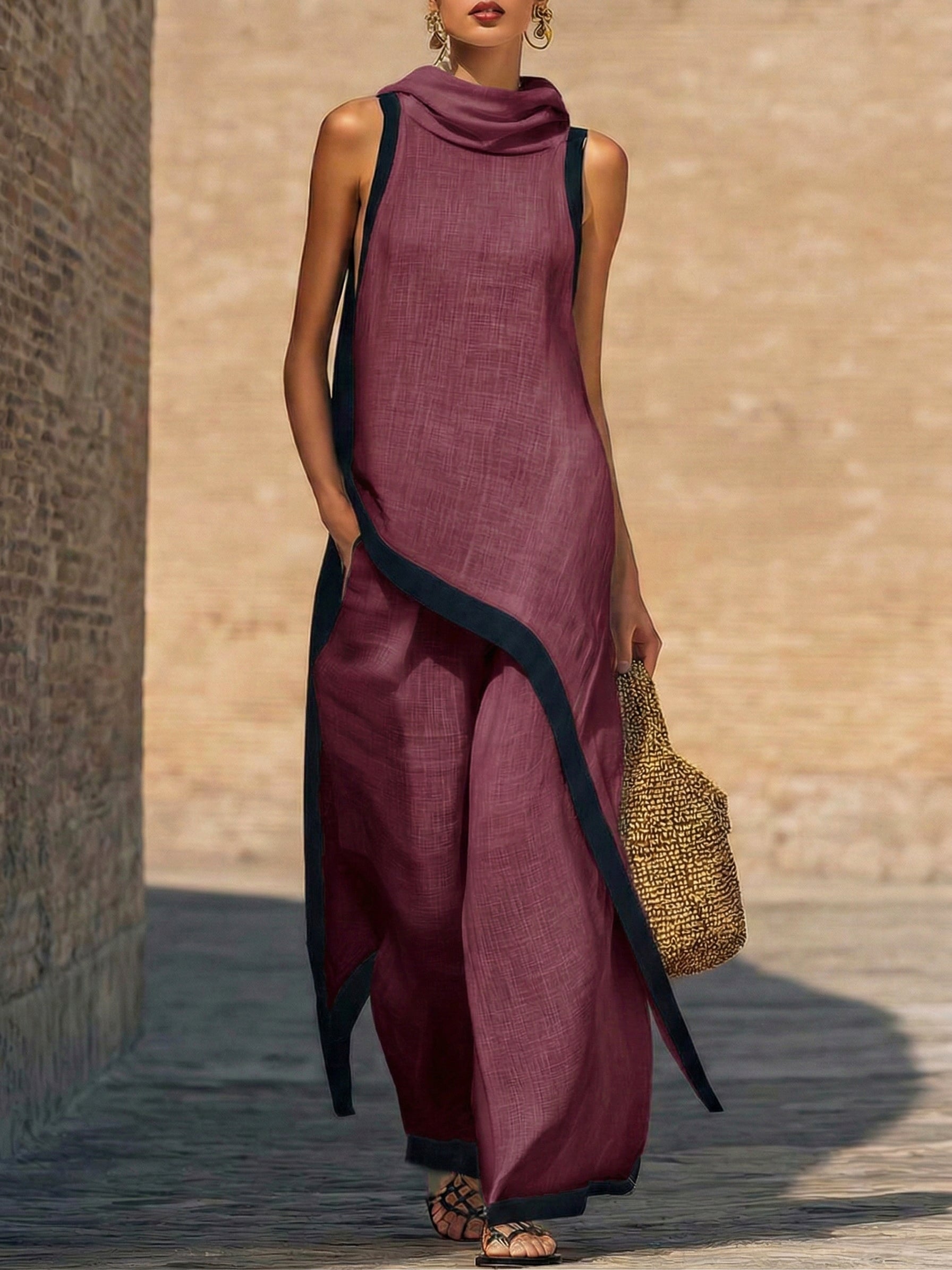 ELEGANTE CONJUNTO DE DOS PIEZAS DE ALGODÓN Y LINO CON CORTE ARTÍSTICO