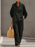 MARIA | CONJUNTO DE LINO CON MANGAS MURCIÉLAGO Y PANTALON ANCHO