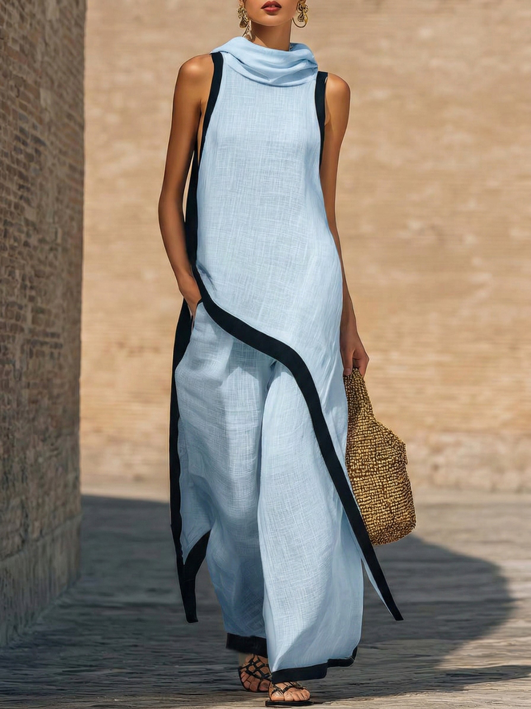 ELEGANTE CONJUNTO DE DOS PIEZAS DE ALGODÓN Y LINO CON CORTE ARTÍSTICO