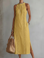 Jimena | Vestido midi de lino con cuello mandarín