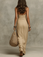 Avelina – Vestido largo voluminoso de algodón y lino, cuello americano