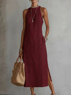 Jimena | Vestido midi de lino con cuello mandarín
