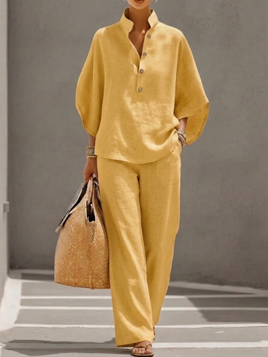 MARIA | CONJUNTO DE LINO CON MANGAS MURCIÉLAGO Y PANTALON ANCHO