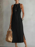 Jimena | Vestido midi de lino con cuello mandarín