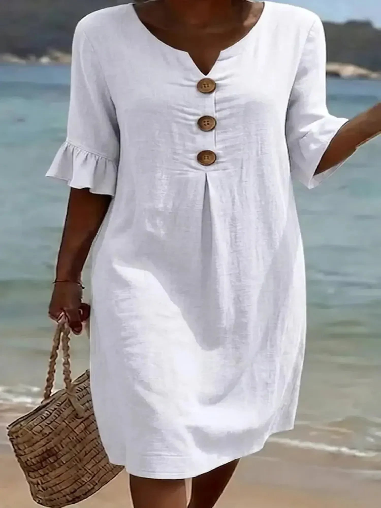 Vanesa™ | Vestido de Lino Texturizado con Mangas Abullonadas y Botones