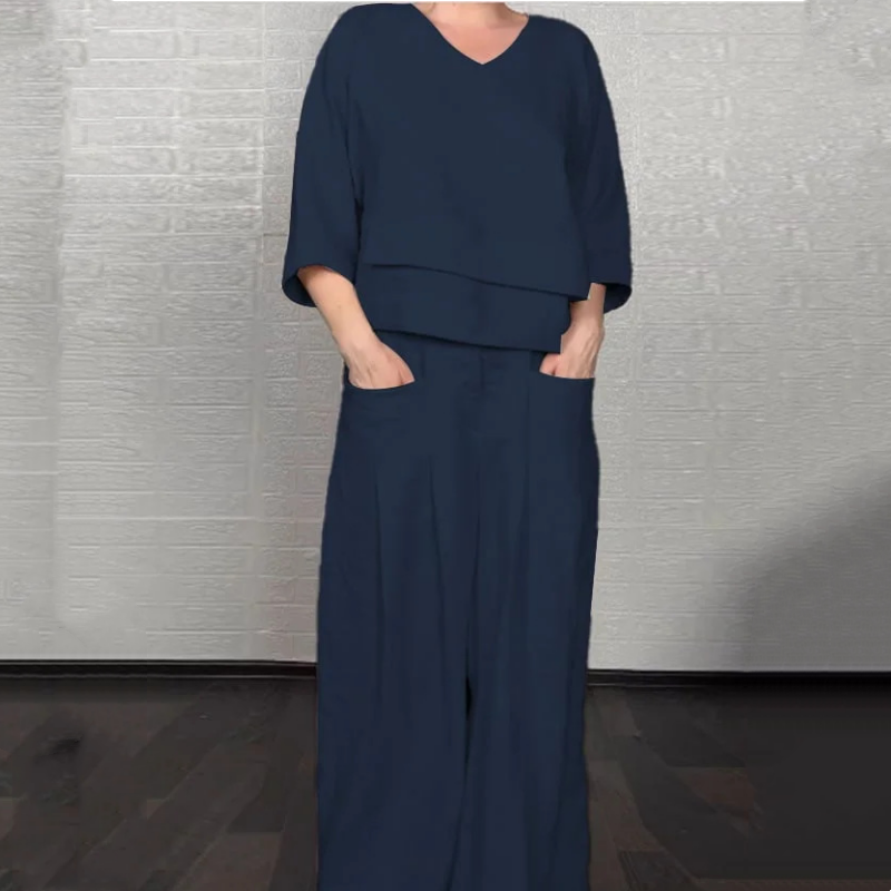 CONJUNTO 2 PIEZAS EN ALGODÓN Y LINO - TOP CON ESCOTE EN V Y PANTALÓN ANCHO CON BOLSILLOS