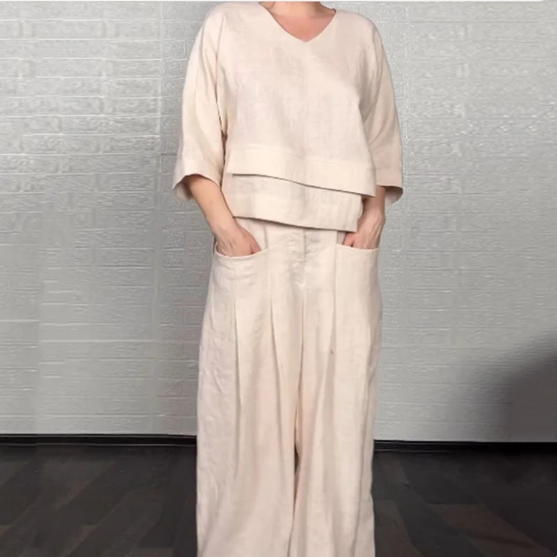 CONJUNTO 2 PIEZAS EN ALGODÓN Y LINO - TOP CON ESCOTE EN V Y PANTALÓN ANCHO CON BOLSILLOS