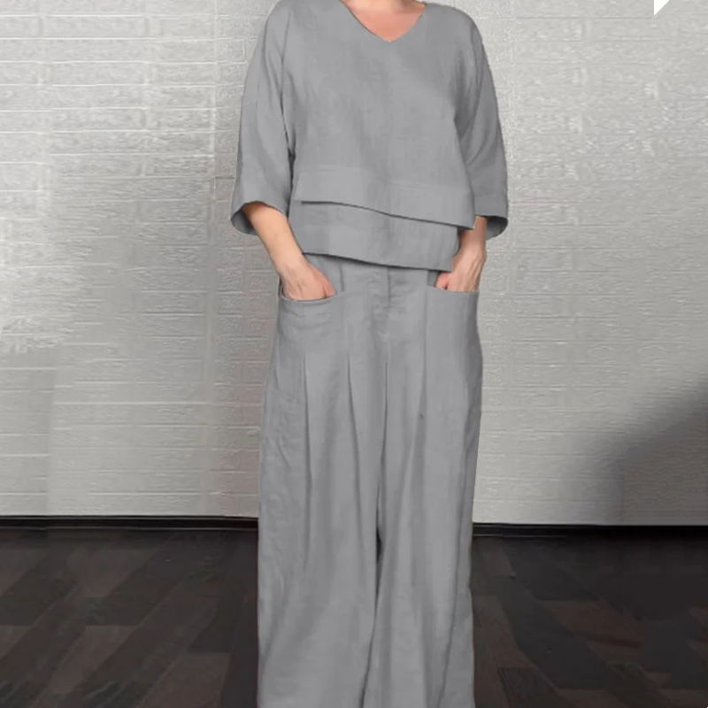 CONJUNTO 2 PIEZAS EN ALGODÓN Y LINO - TOP CON ESCOTE EN V Y PANTALÓN ANCHO CON BOLSILLOS