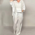 CONJUNTO 2 PIEZAS EN ALGODÓN Y LINO - TOP CON ESCOTE EN V Y PANTALÓN ANCHO CON BOLSILLOS