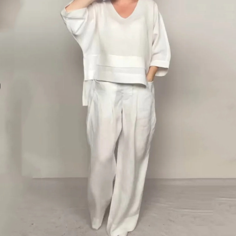 CONJUNTO 2 PIEZAS EN ALGODÓN Y LINO - TOP CON ESCOTE EN V Y PANTALÓN ANCHO CON BOLSILLOS