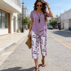 CONJUNTO INFORMAL DE TÚNICA DE CUELLO REDONDO Y PANTALONES DE PIERNA ANCHA