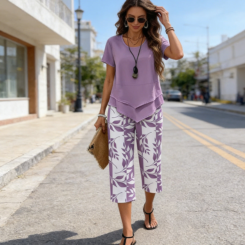 CONJUNTO INFORMAL DE TÚNICA DE CUELLO REDONDO Y PANTALONES DE PIERNA ANCHA