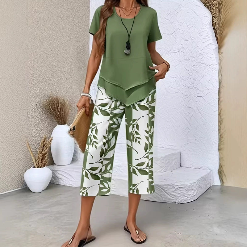 CONJUNTO INFORMAL DE TÚNICA DE CUELLO REDONDO Y PANTALONES DE PIERNA ANCHA