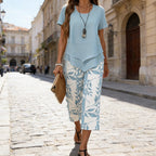 CONJUNTO INFORMAL DE TÚNICA DE CUELLO REDONDO Y PANTALONES DE PIERNA ANCHA