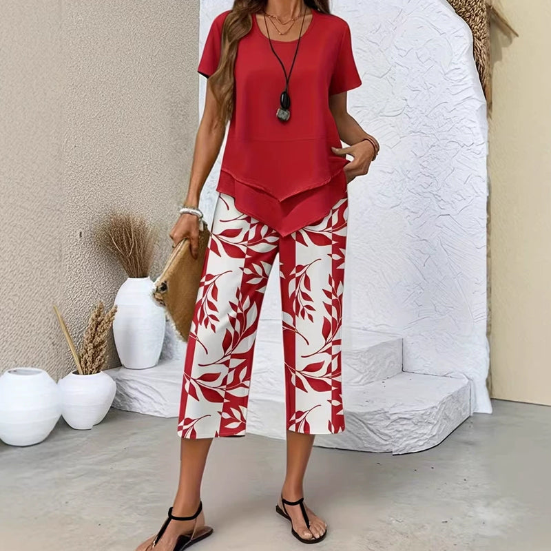 CONJUNTO INFORMAL DE TÚNICA DE CUELLO REDONDO Y PANTALONES DE PIERNA ANCHA