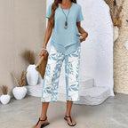 CONJUNTO INFORMAL DE TÚNICA DE CUELLO REDONDO Y PANTALONES DE PIERNA ANCHA
