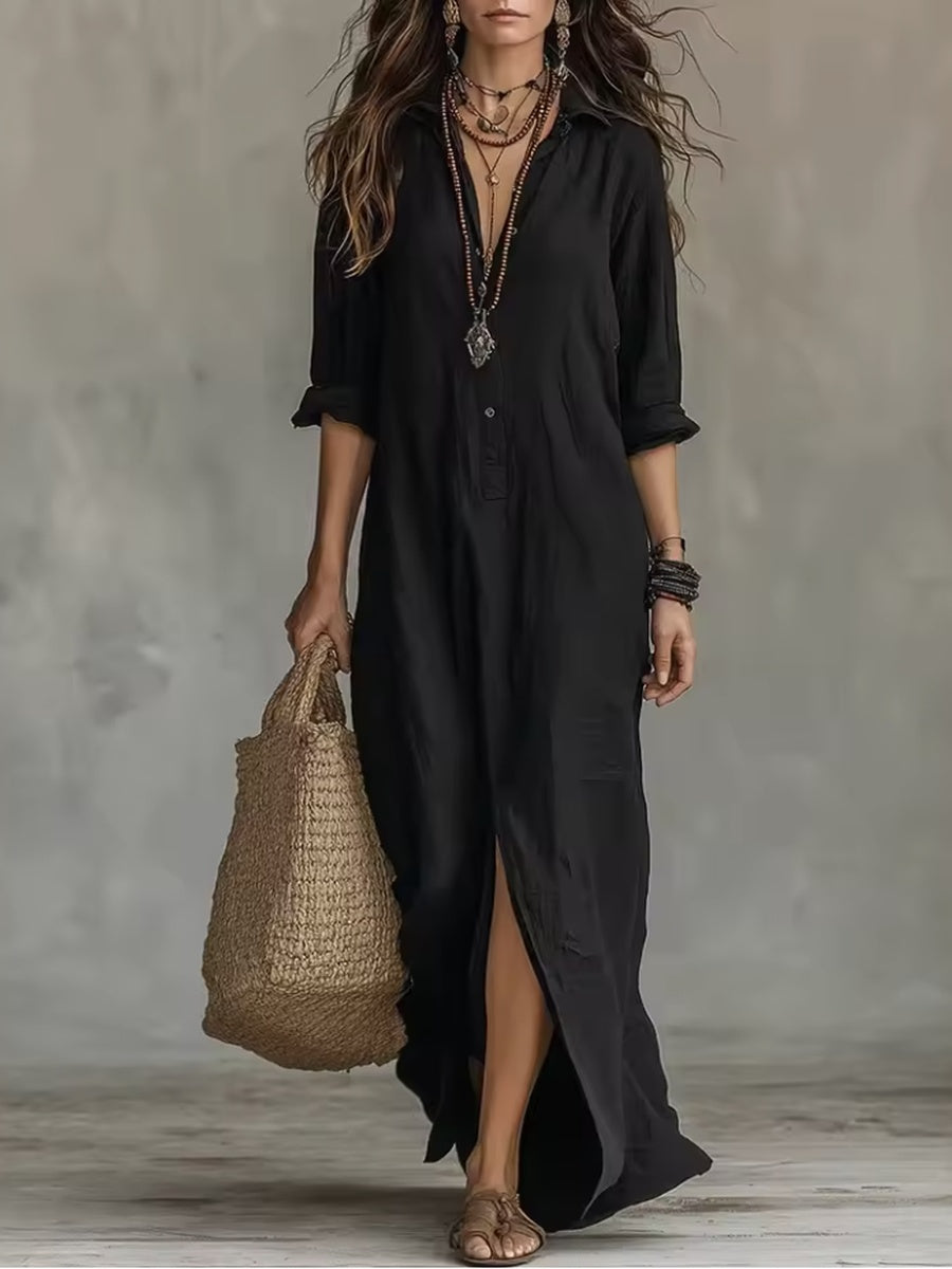 Soline | Vestido Largo Negro Ancho con Botones